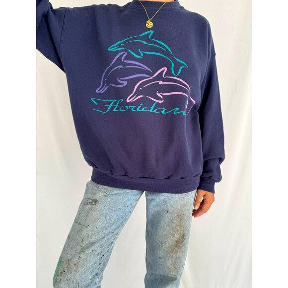 90s vintage blue dolphins florida USA souvenir graphic cozy pullover sweatshirt - Picture 4 of 9
